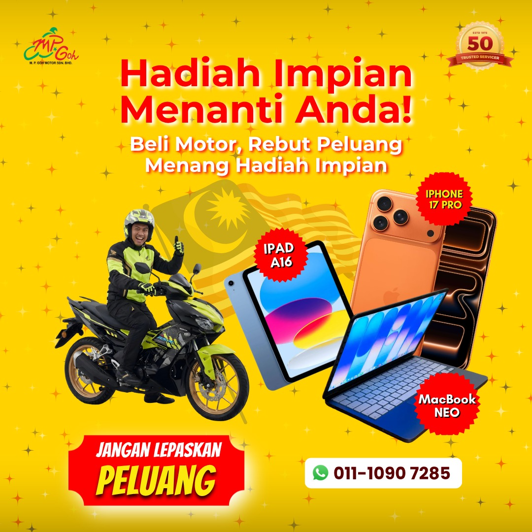 Poster promosi MP Goh Merdeka — Hadiah Impian Menanti Anda, beli motor rebut peluang menang iPhone 17 Pro, iPad A16 dan MacBook