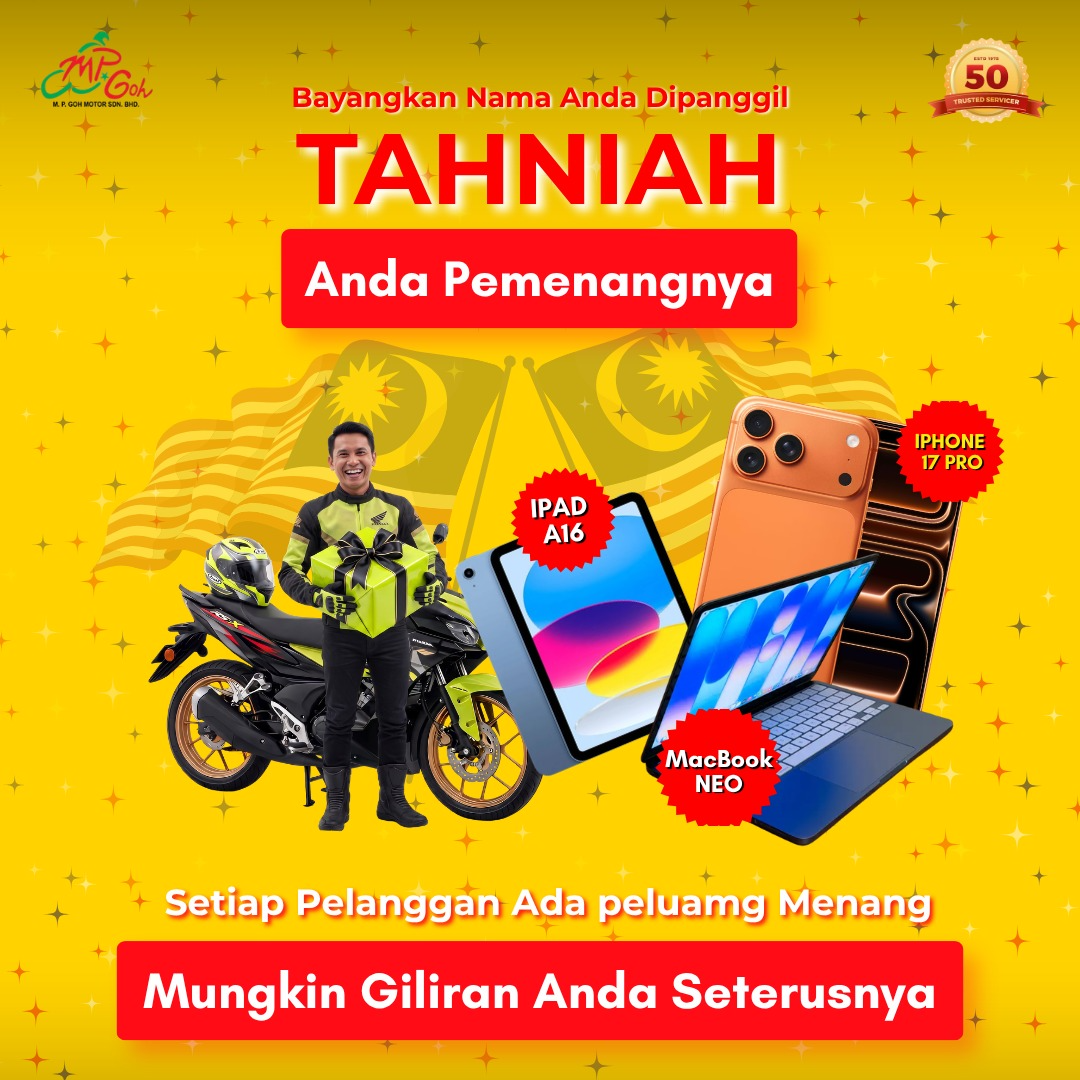 Poster promosi MP Goh — setiap pelanggan ada peluang menang hadiah cabutan bertuah Merdeka