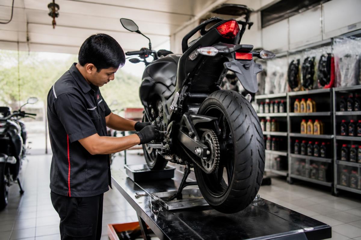 Teknisian bertauliah MP Goh Motor menservis motosikal Honda di workshop